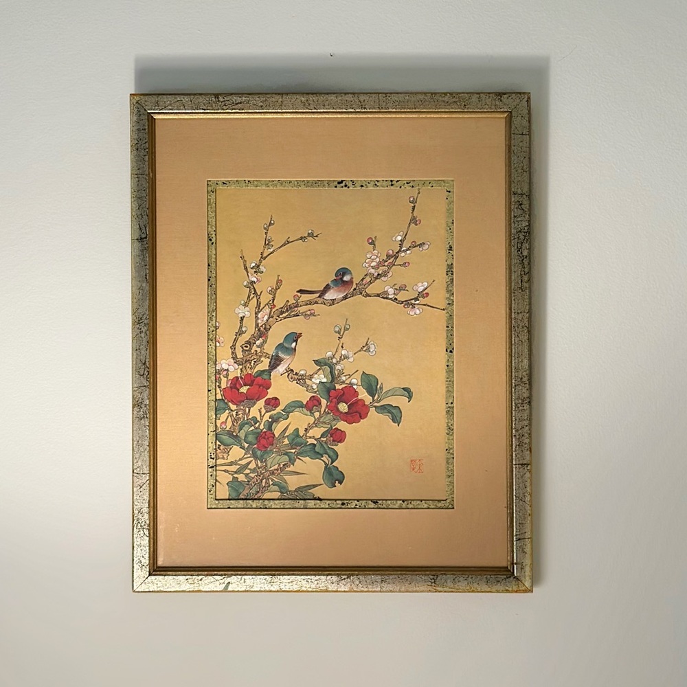 Mid Century Vintage Bird & Blossom Asian Art Print Gold Frame Wall Decor ✨